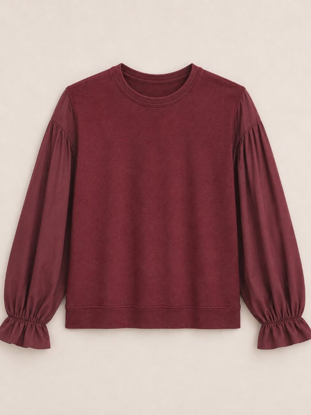 ELOQUII 14/16 Burgundy Mixed Media Terry Top Woven Balloon Ruffle Sleeves